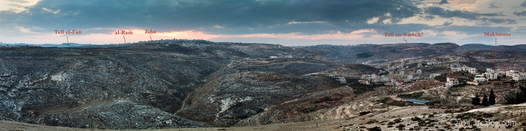 Tenative identification is as follows: Tel el-Ful = Gibeah of Saul; al-Ram = Ramah; Jaba = Geba; Tel en Nasbeh = Mizpah; Mukhamas = Michmash. The proximity of Jaba and Mukhamas and the deep wadi's separating them recall to mind Jonathan's attack on the Philistine garrison at Michmash.