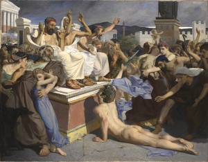 Phidippides by Luc-Olivier Merson. According to popular legend, Phidippides brought news from the battlefield at Marathon to Athens that the Persian army was defeated. He collapsed and died due to extreme physical exertion, but not before he uttered the words, "We have won".